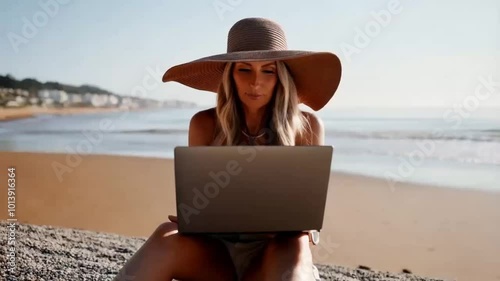 Young woman using laptop computer on beach, freelancer girl working remote, Freelance work, online learning, distant work concept