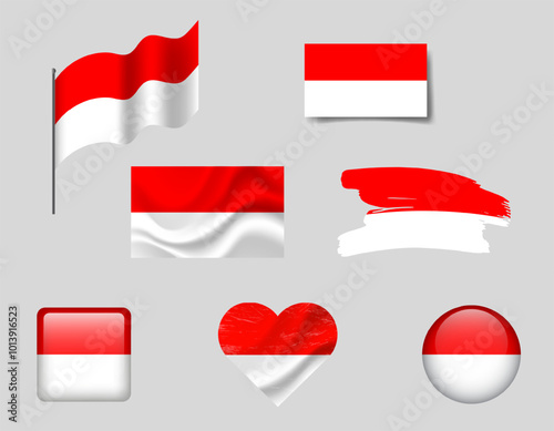 Indonesia flag set of icons. Vector flag of Indonesia symbol. Set of Indonesia flags button, waved, heart. Free Download Indonesia flag set of icons. Vector flag of Indonesia symbol. Set of Indonesia flags button, waved, heart. - GFXLoad