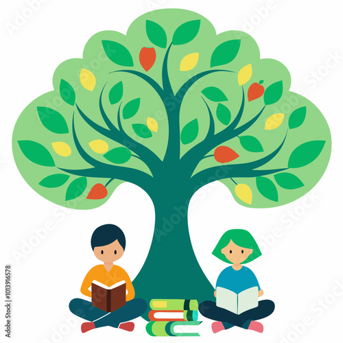 Children Reading Under Tree Symbolizing Knowledge Growth vector
