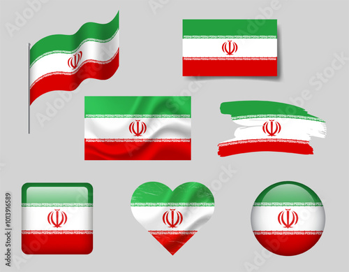 Iran flag set of icons. Vector flag of Iran, symbol. Set of Iran flags button, brush, waved, heart.