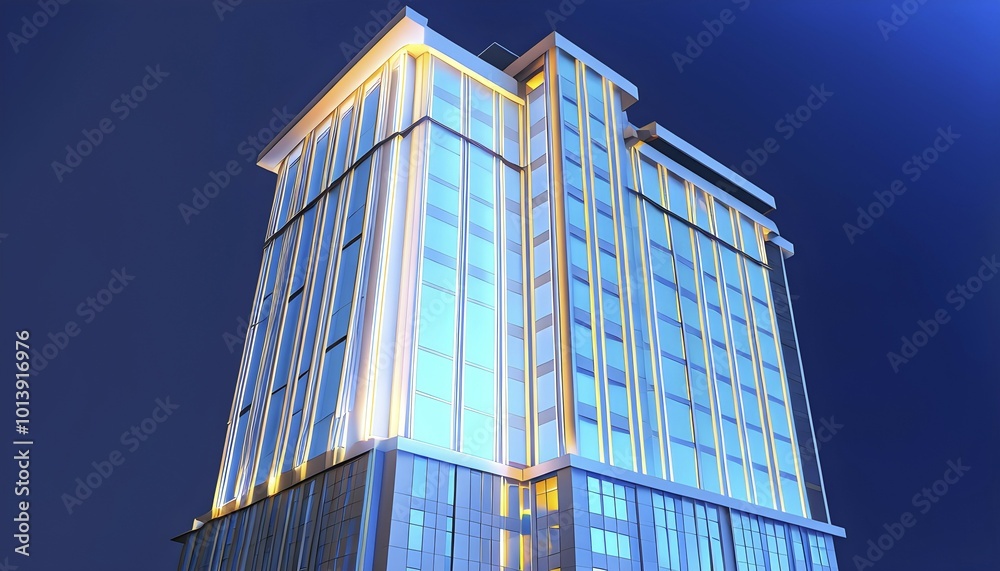 Obraz premium Three dimensional rendering of an illuminated modern high-rise office building, AI generated