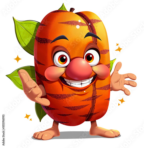 A cheerful cartoon peach character with a smiling face, large eyes, and a red nose is depicted in a playful pose, surrounded by green leaves and twinkling stars. (transparent, isolated) photo