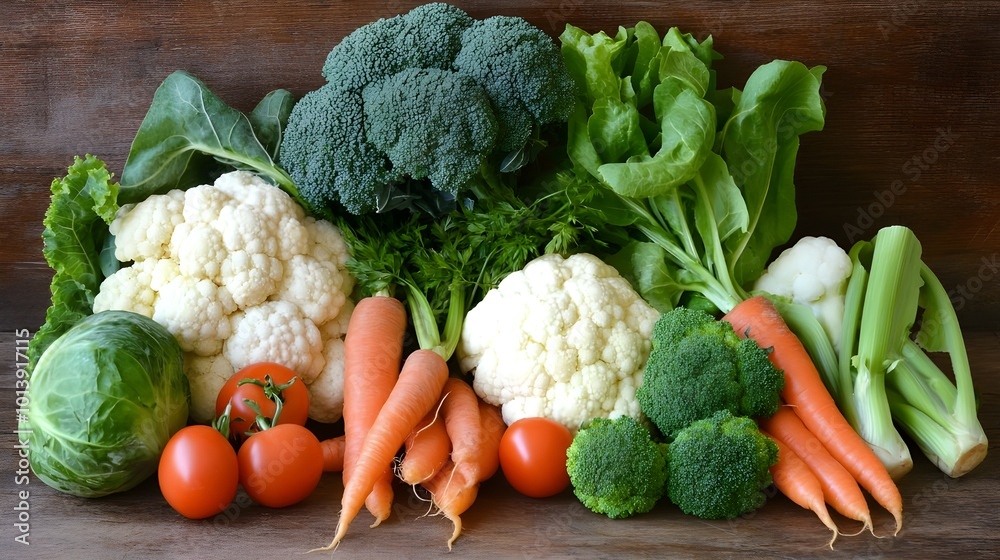 Variety of fresh vegetables like carrots, broccoli, and cauliflower, ideal for nutritious meals and plant-based diets.
