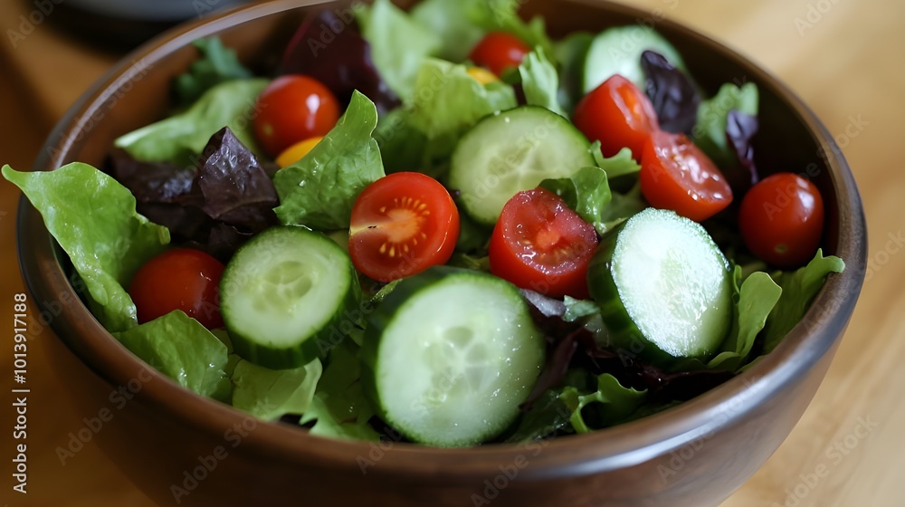 Fresh salad bowl featuring cucumbers, cherry tomatoes, and green lettuce, ideal for a wholesome, health-focused meal.
