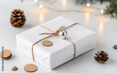 Christmas gift wrapped in white paper with decorative elements on a soft background. photo