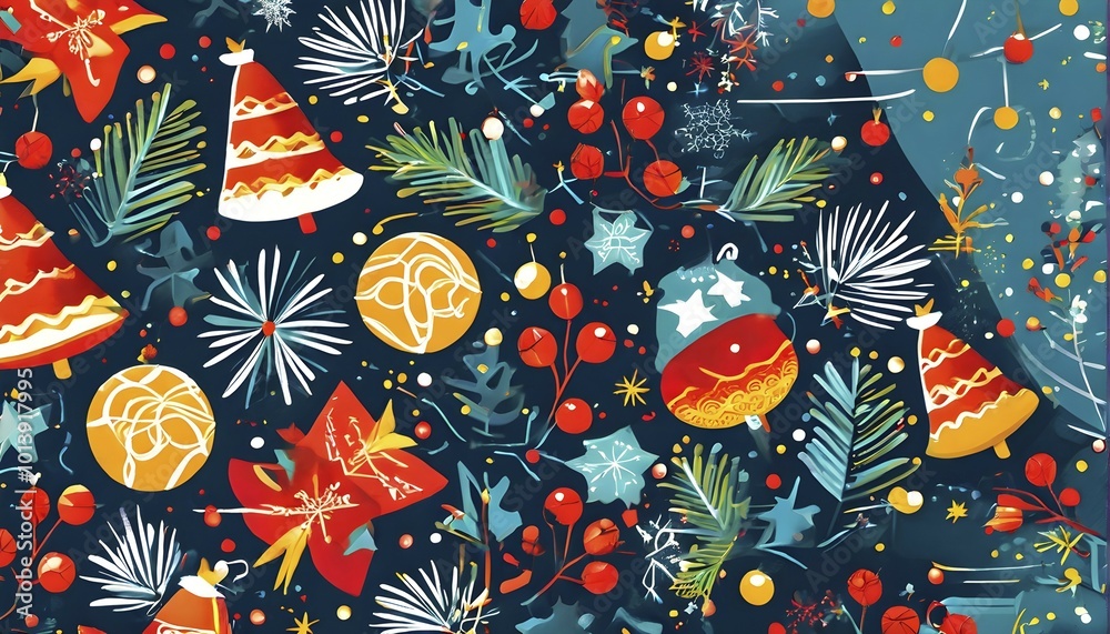 Fototapeta premium Abstract mix of traditional Christmas symbols arranged in a vibrant modern style, AI generated