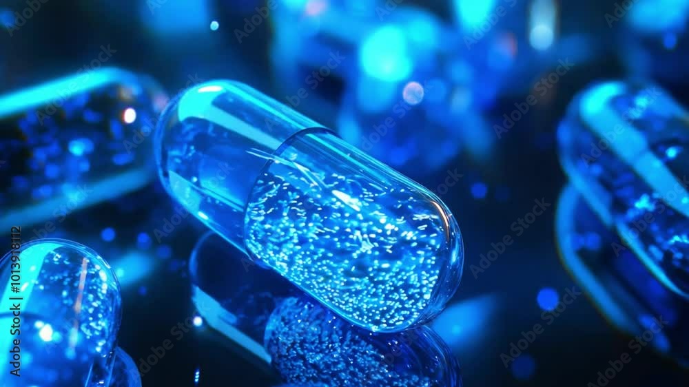 A collection of luminous blue medical capsules with sparkling elements scattered across a dark reflective surface, creating a vibrant atmosphere