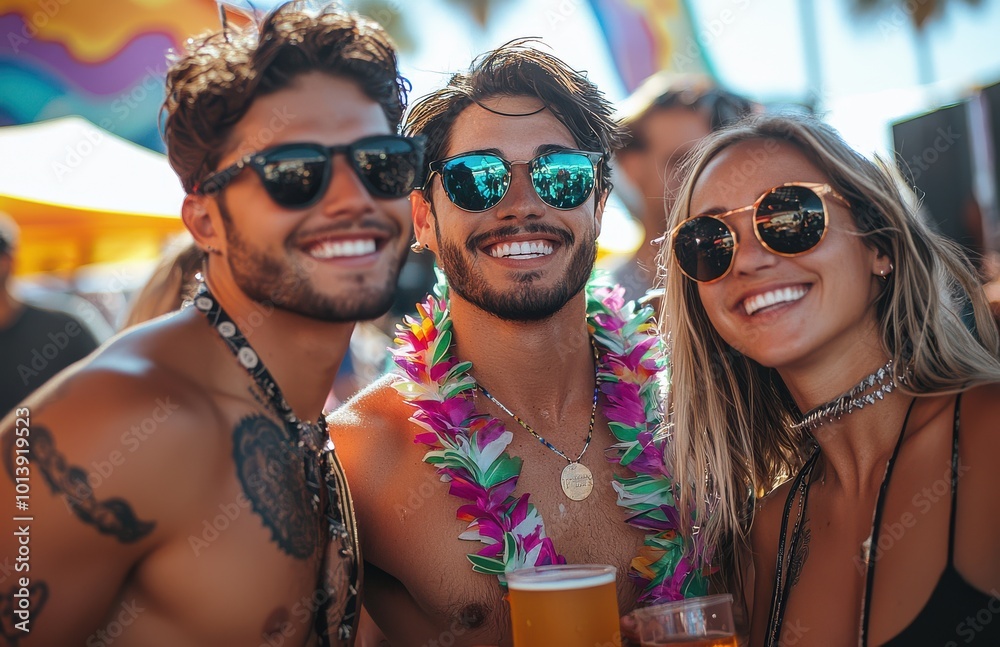 A lively group of friends enjoying a summer festival outdoors, wearing colorful leis and sunglasses under A lively group of friends enjoying a summer festival outdoors, wearing colorful leis and sunglasses under