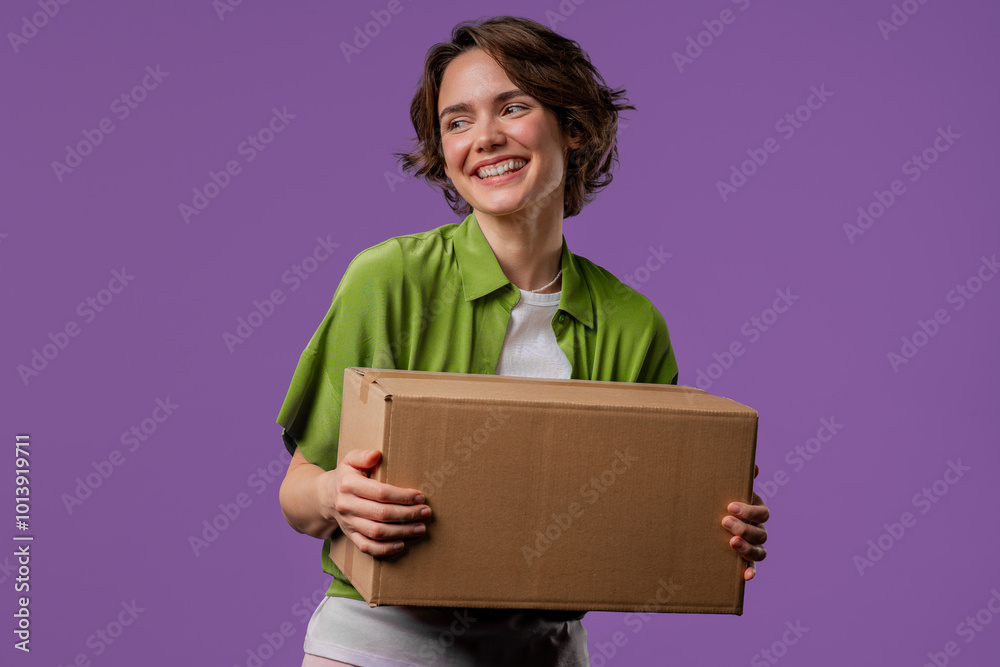 Excited smiling woman, online shopping consumer received cardboard order parcel box, desired purchase. Home courier delivery service. Sale, discounts Excited smiling woman, online shopping consumer received cardboard order parcel box, desired purchase. Home courier delivery service. Sale, discounts