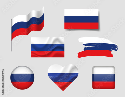 Russia flag set of icons. Vector flag of Russia, symbol. Set of Russian flags button, brush, waved, heart.