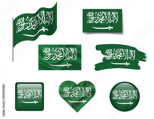 Saudi Arabia flag set of icons. Vector flag of Saudi Arabia, symbol. Set of Saudi Arabia flags button, waved, heart.