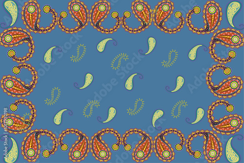 Red, white seamless geometric paisley embroidery pattern. Blue background illustration, vector, wallpaper border.
