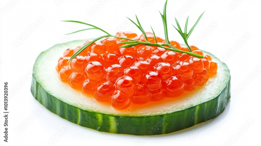 Close up of red caviar served on a cucumber slice, isolated on a clean white background with herb garnish Close up of red caviar served on a cucumber slice, isolated on a clean white background with herb garnish