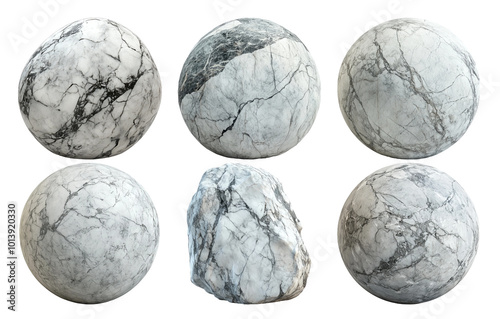 Marble spheres with natural gray and white patterns isolated on transparent background photo