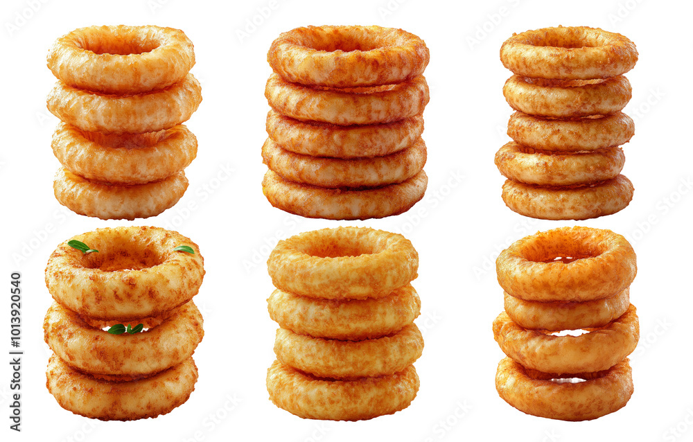 Crispy fried onion rings stacked in different arrangements isolated on transparent background