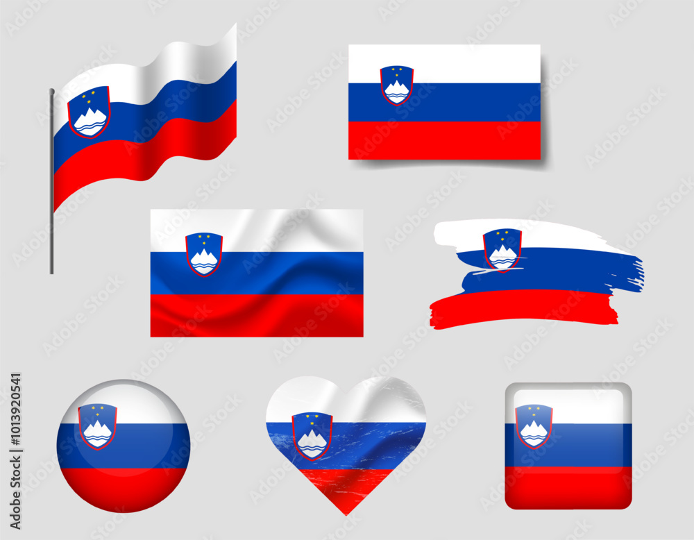 Fototapeta premium Slovenia flag set of icons. Vector flag of Slovenia, symbol. Set of Slovenian flags brush, button, waved, heart.