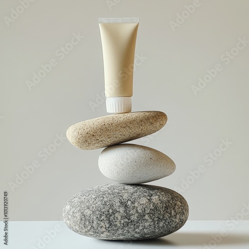 Cosmetic cream bottle on stack of stones. 3d illustration. photo