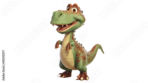 Fototapeta Naklejka Na Ścianę i Meble -  A happy dinosaur roams through a lush, prehistoric forest, its vibrant green skin glistening under the warm sunlight. With a wide grin stretching across its face, the dinosaur’s large, friendly eyes g