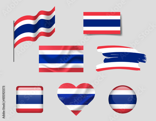 Thailand flag set of icons. Vector flag of Thailand, symbol. Set of Thai flags brush, button, waved, heart.