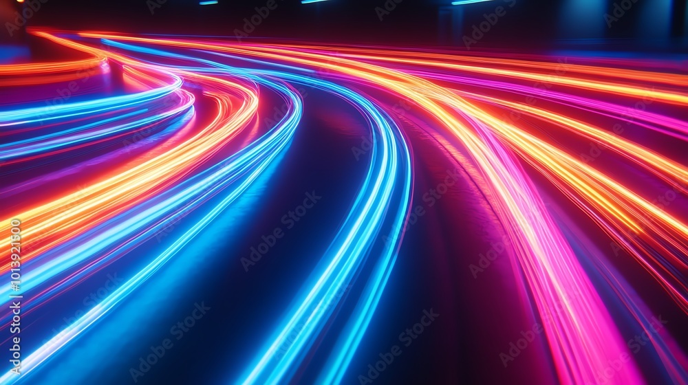 Vibrant neon light trails creating dynamic patterns on dark background. Vibrant neon light trails creating dynamic patterns on dark background.