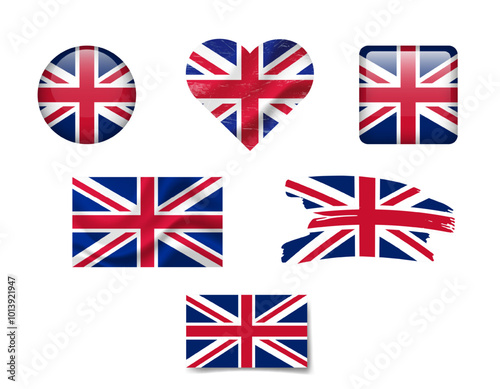 The United Kingdom flag set of icons. Vector flag of UK, symbol. Set of british flags button, brush, waved, heart.