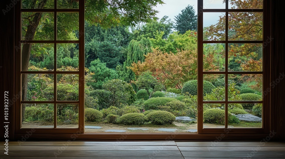 A Zen garden view through an elegantly simple window frame, focusing on harmony and balance