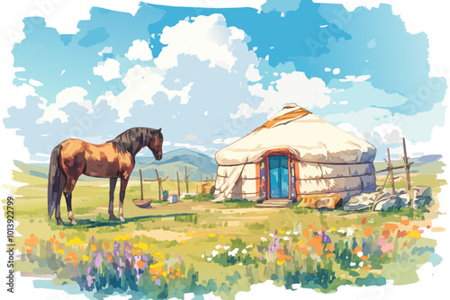 An illustration of traditional yurt with a horse on the meadow.