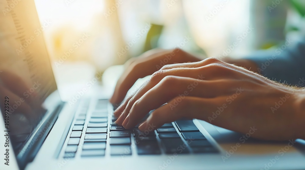 Close-up of businessman hands typing on laptop keyboard, working on business project in office Close-up of businessman hands typing on laptop keyboard, working on business project in office