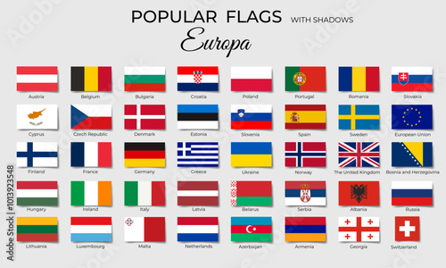 Flags of European countries with shadows. Europe flag icon set. Official coloring. Vector isolated