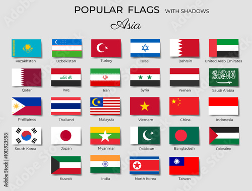 Asia flags with shadows. Rectangle asian flags flat icons. South Korea, Turkey, India, Iraq