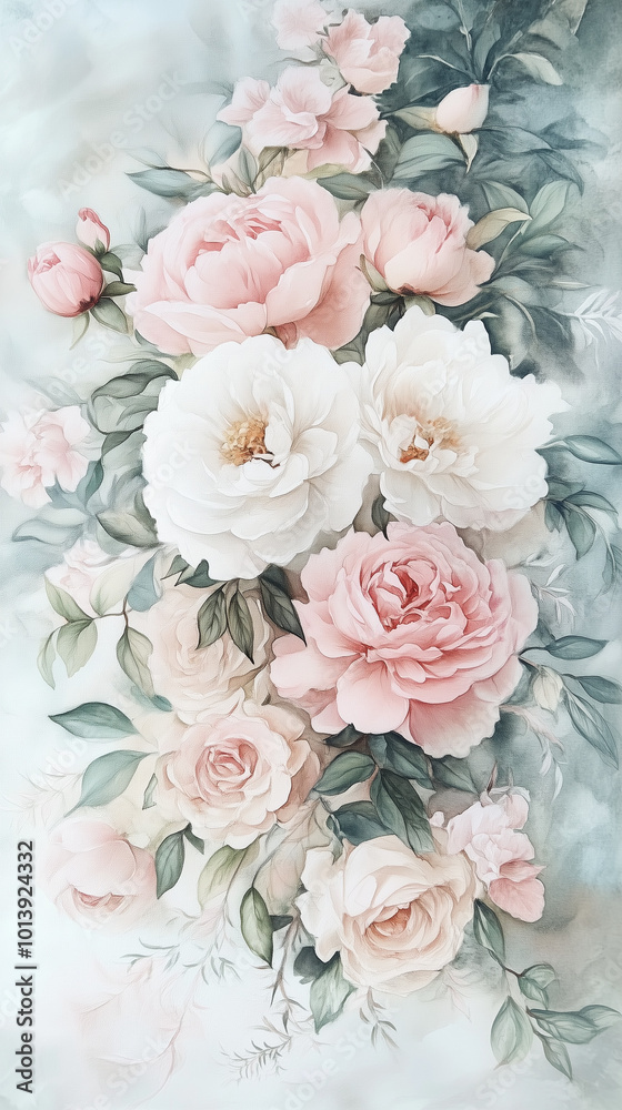 Watercolor Bouquet of Roses and Peonies in Soft Pink and Blush Shades Watercolor Bouquet of Roses and Peonies in Soft Pink and Blush Shades