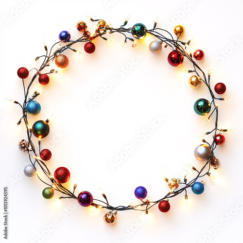 Christmas Wreath with Colorful Ornaments and Glowing Lights in a Minimalist Festive Design