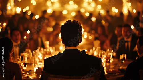 A man in a tuxedo sits at an elegant, candlelit dinner event, surrounded by guests, creating a warm and luxurious atmosphere.
