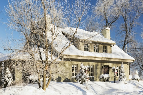 Old 1840s home facade with grey stone masonry and wood cladding plus Christmas decorations in winter, Quebec, Canada, North America photo