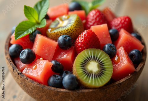 Vibrant Summer Fruit Salad: A colorful medley of ripe strawberries, blueberries, kiwi slices, and watermelon cubes, drizzled with a honey-lime dressing. Served in a coconut bowl, garnished with mint l