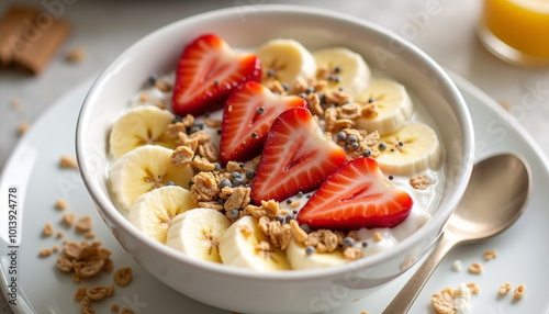  Bountiful Breakfast Bowl: A nourishing breakfast bowl featuring creamy Greek yogurt, topped with granola, sliced bananas, strawberries, and a sprinkle of chia seeds. A drizzle of honey adds a touch o