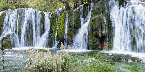 Arrow Bamboo Lake waterfalls, Jiuzhaigou National Park, Sichuan Province, China, Asia