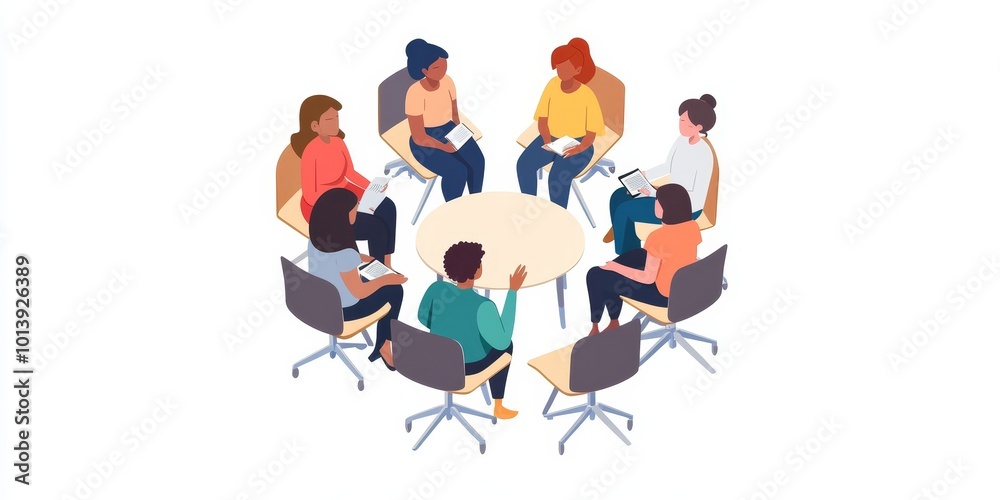 Fototapeta premium Group Support Circle: Create an image of a diverse group of people sitting in a circle, sharing experiences and offering encouragement to one another, symbolizing peer su