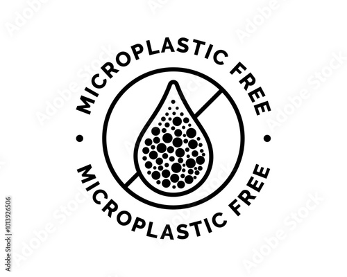 Microplastic free icon, plastic free and biodegradable package sign, vector stamp. Microplastic free bottle label and recycling package symbol with microbeads
