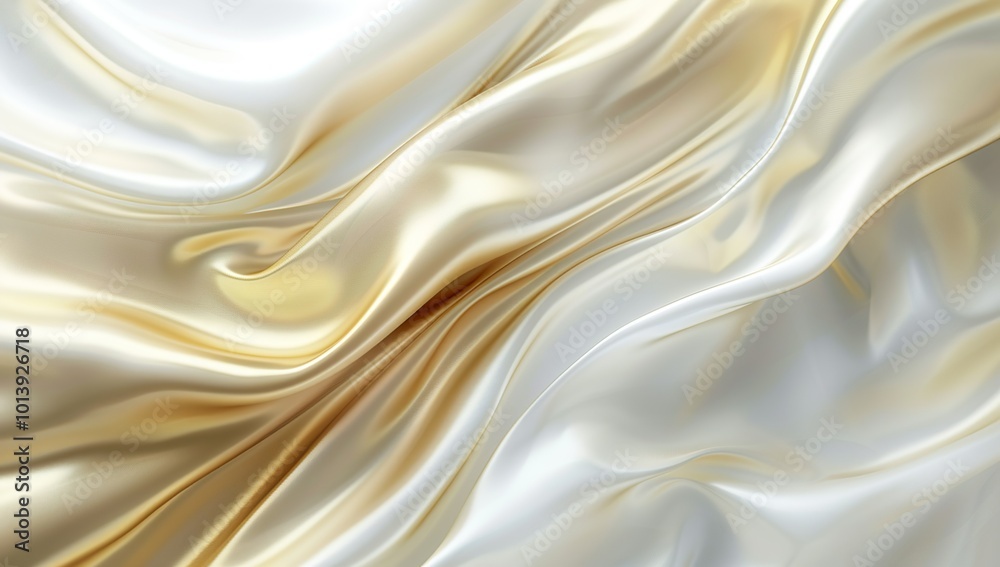 Obraz premium 3d rendering of smooth golden and white silk waves flowing together on light...