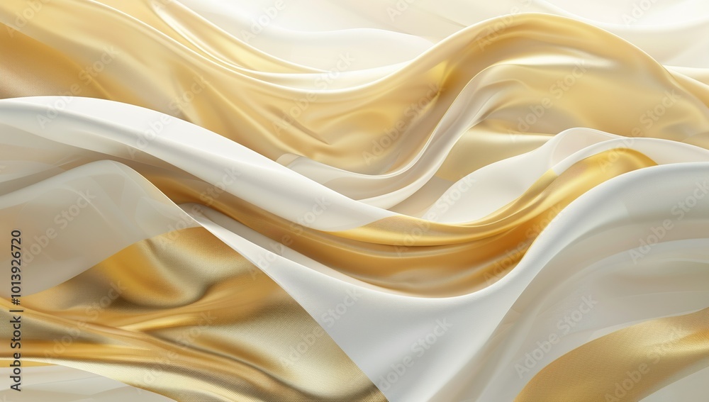 Obraz premium 3d rendering of smooth golden and white silk waves flowing together on light...