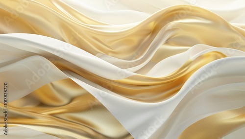 3d rendering of smooth golden and white silk waves flowing together on light...