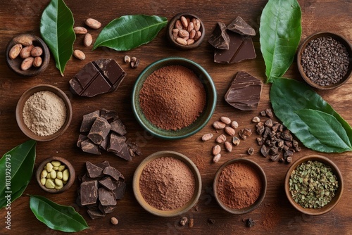 A colorful display of various cacao products arranged artistically. Enjoy the rustic charm of earthy tones and natural elements. Perfect for food enthusiasts and culinary creatives. Generative AI