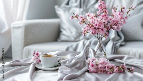 A gray smooth satin blanket with pink flowers wrapped around it lies on the...