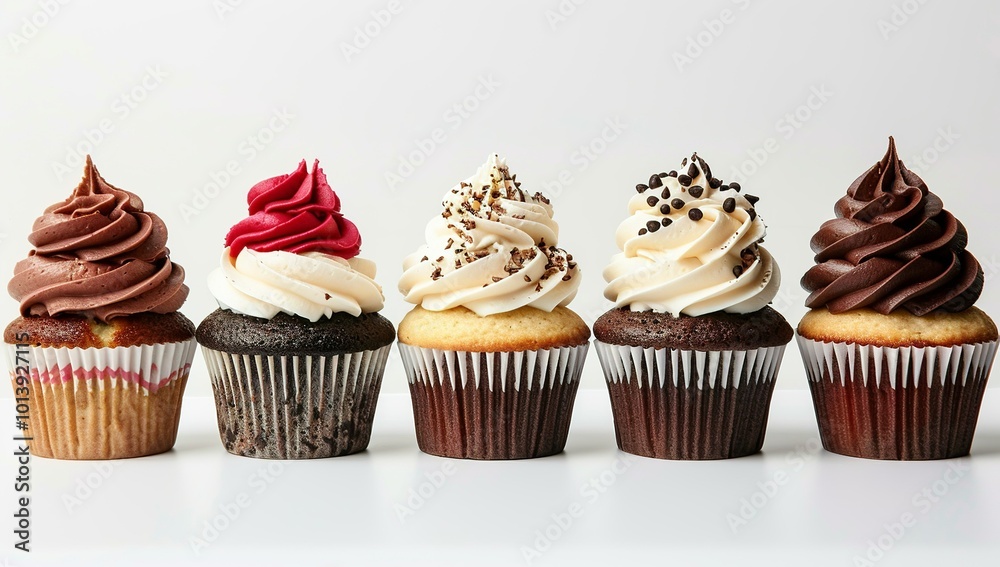 A row of cupcakes with different frosting designs, arranged in a straight... A row of cupcakes with different frosting designs, arranged in a straight...