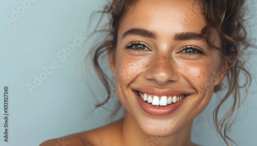 Close up of beautiful woman smiling with white teeth against a grey...