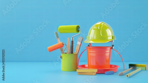 3D render of a flying safety helmet, paint roller, and paintbrush set against a blue background. Generative AI photo