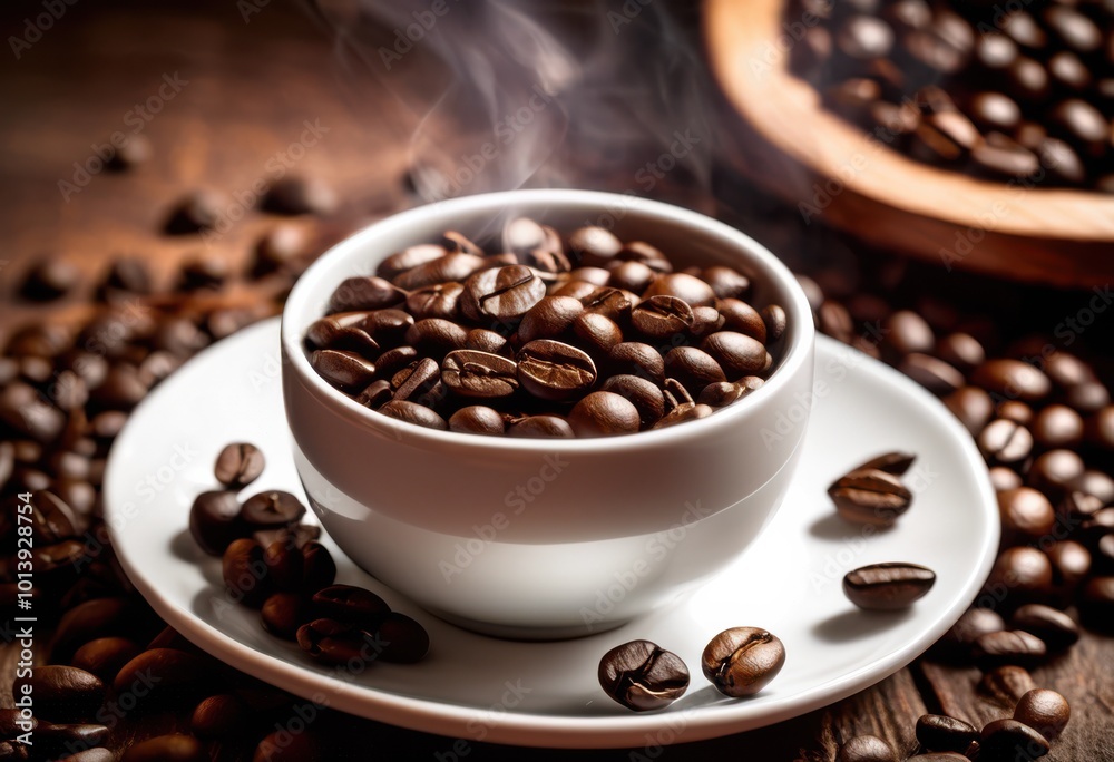Obraz premium close vibrant coffee beans steaming cup creating inviting coffee scene, aroma, beverage, energy, cafe, rustic, coffeehouse, dark, roast, grounds