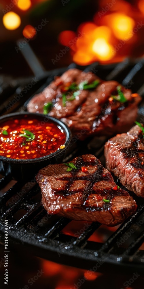 Grilled beef slices served on a hot plate with spicy dipping sauce, grilled beef, classic appetizer Grilled beef slices served on a hot plate with spicy dipping sauce, grilled beef, classic appetizer