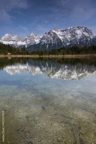 Luttensee lake and Western Karwendelspitze, Karwendel, Mittenwald, Bavaria, Germany, Europe photo